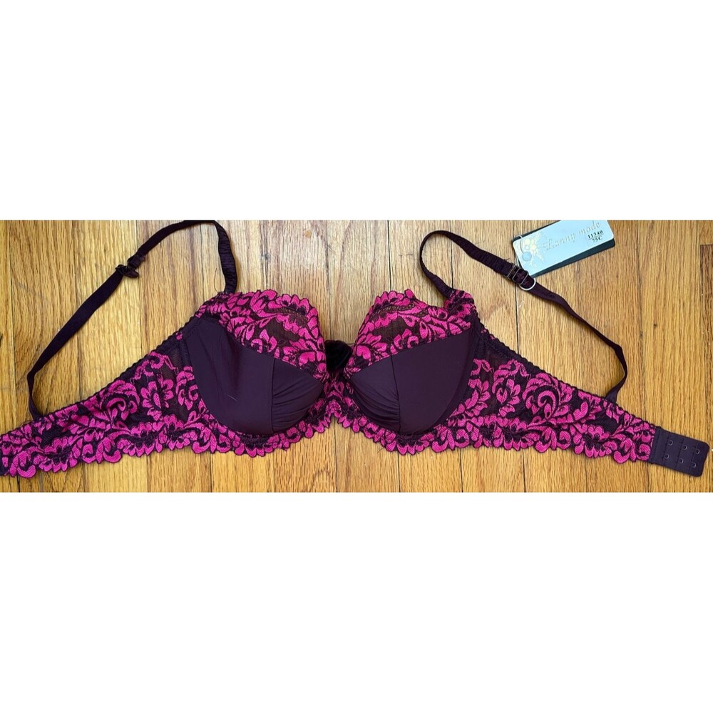 34C Bra Purple Plum Pink Floral Scalloped Lace Underwire Bra Push Up Semi Padded